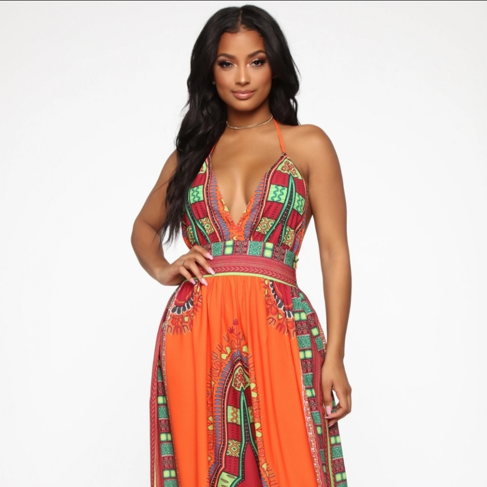 Fashion Nova Bayou Babe Halter Maxi Dress size XS in Orange/Combo